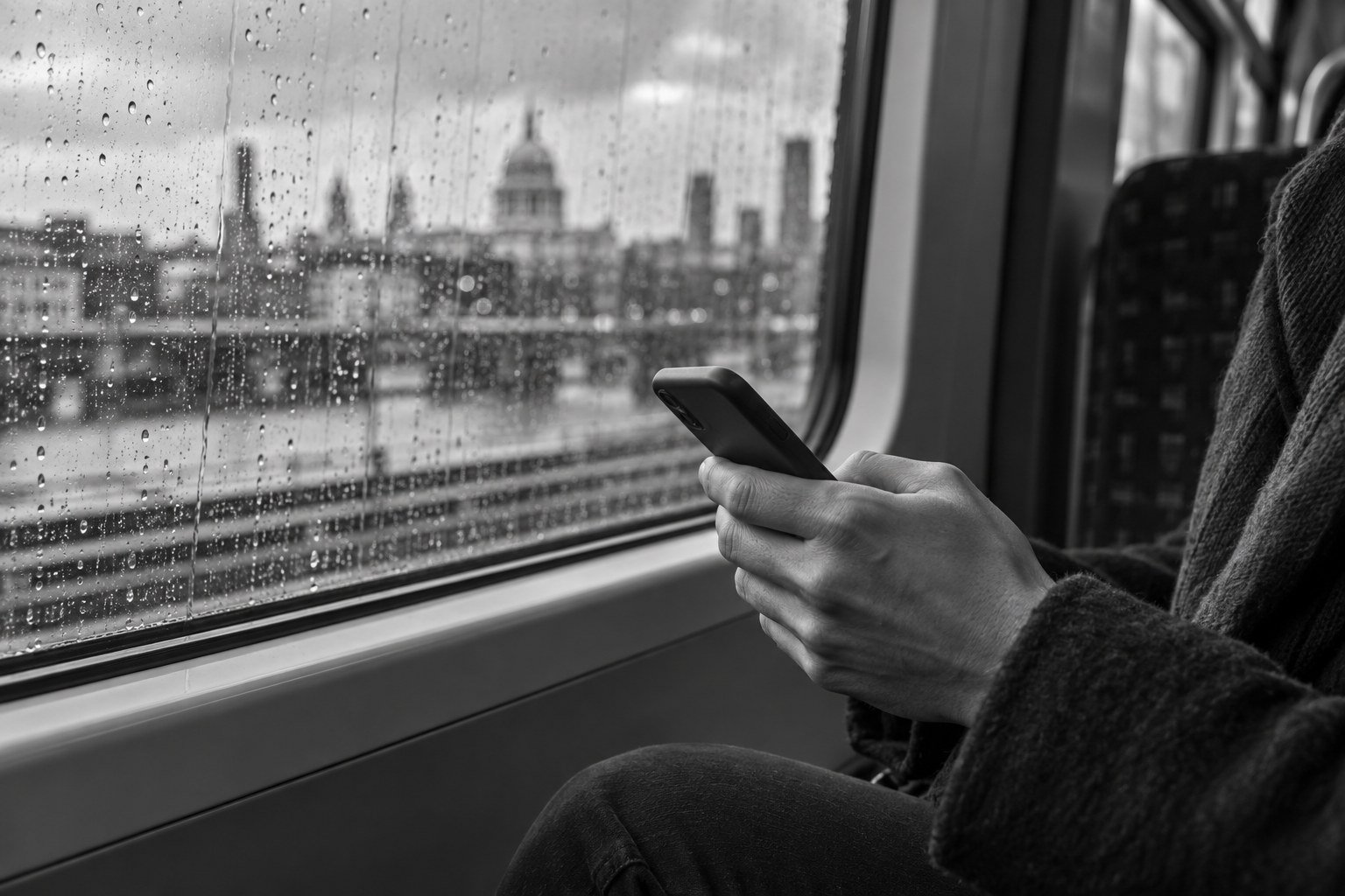Illustrative monochrome scene of a passenger using a phone beside a rain-streaked train window